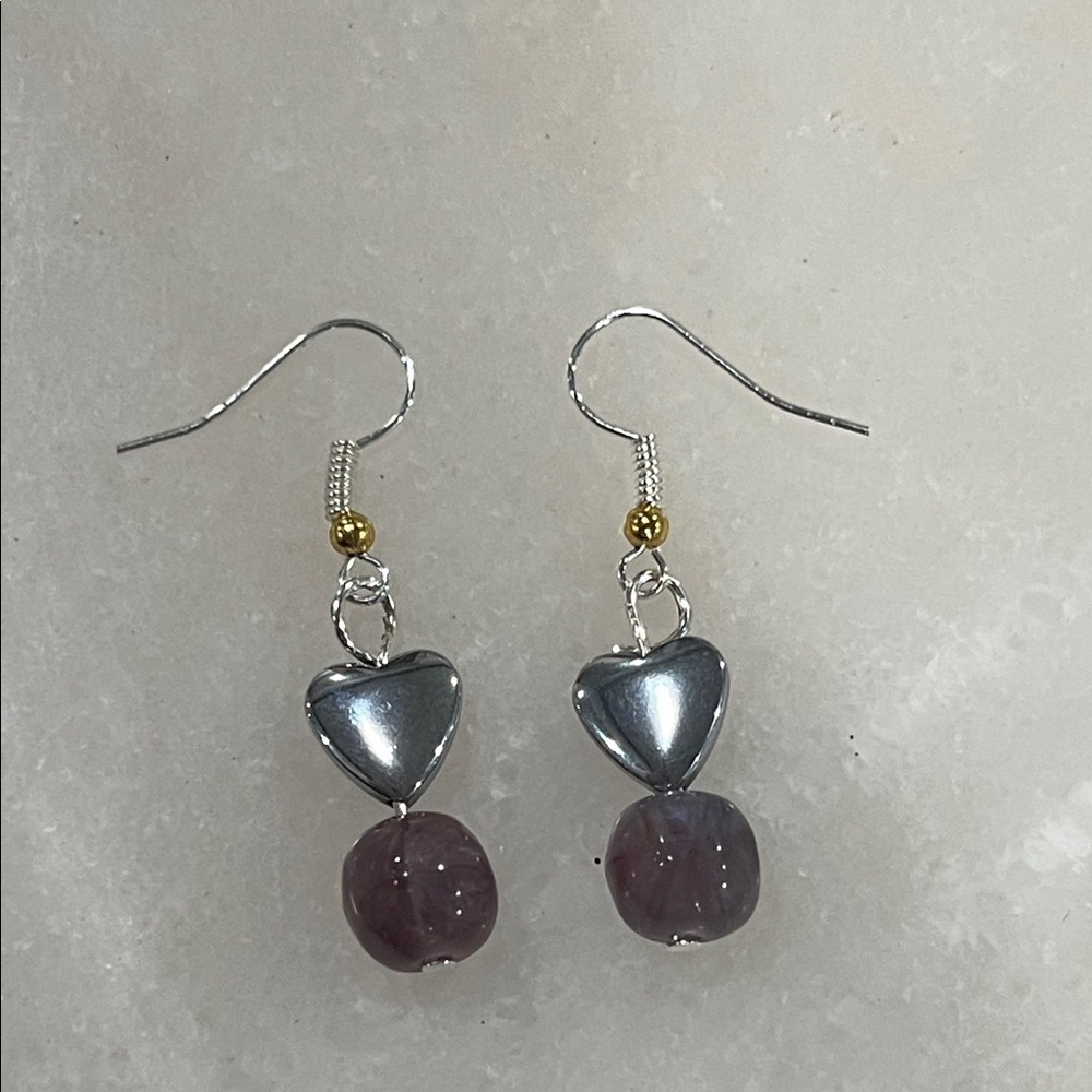 Silver Hematite Heart Drop Purple Bead Statement Jewelry